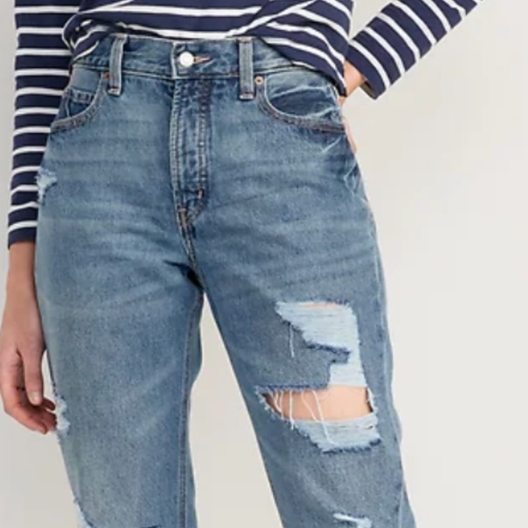 High-Waisted Slouchy Straight Cropped Ripped Jeans - Picture 1 of 6